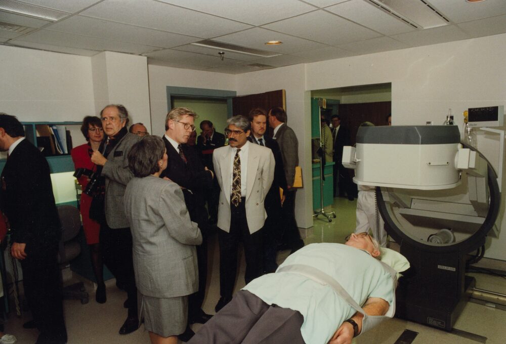Dr. Abdulla at the opening of the Nuclear Cardiology program he set up at Sudbury Memorial Hospital, with Premier of Ontario Bob Rae and other dignitaries