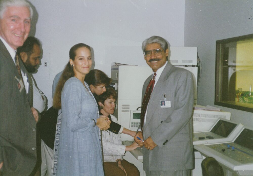 Dr. Abdulla with Princess Zahra Aga Khan and colleagues in the cardiac catheterization control room at AKU