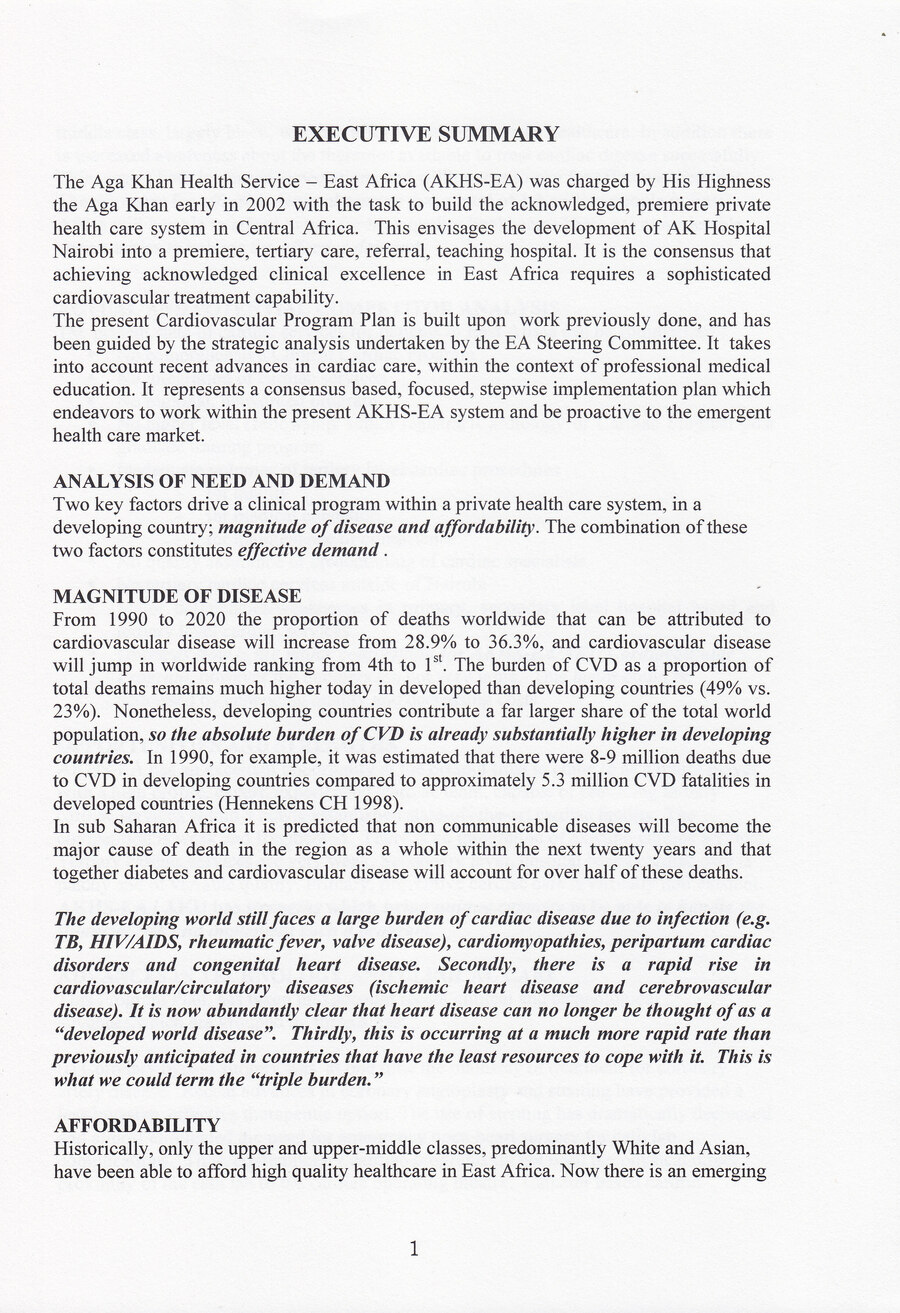 Executive Summary page of the AKHS-EA/AKU Cardiovascular Program Strategic Plan, authored by Dr. Alnoor Abdulla