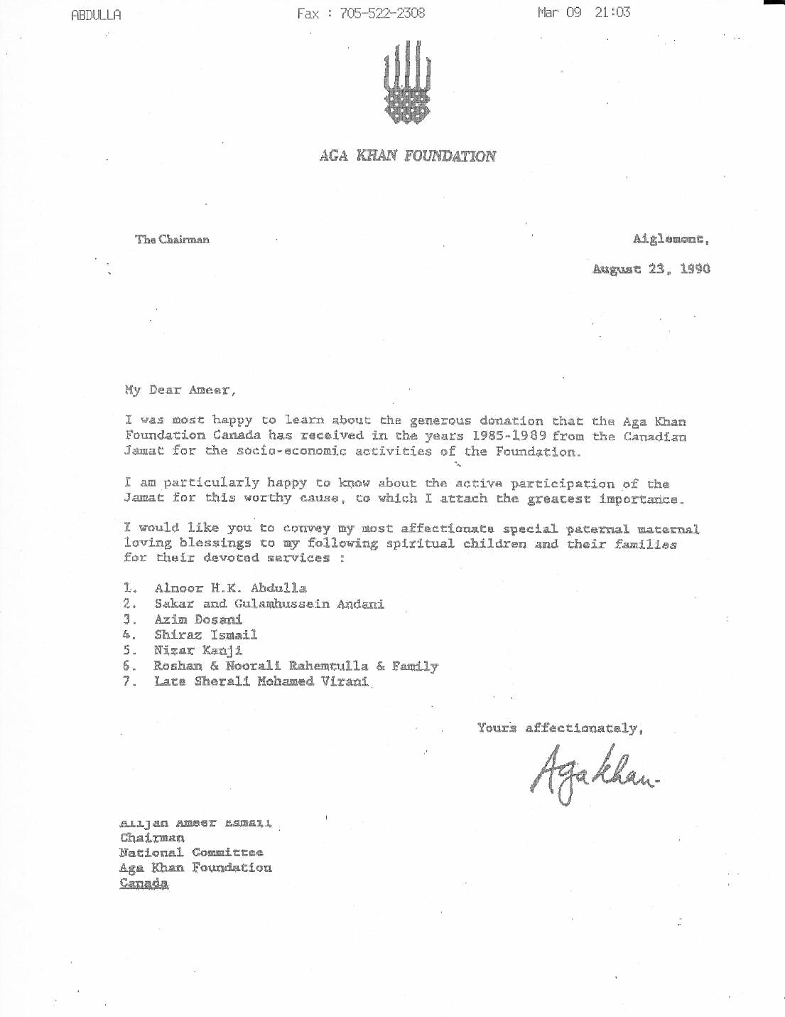 Letter from His Highness the Aga Khan, 23 August 1990, responding to the Canadian Jamat&rsquo;s giving to the Aga Khan Foundation Canada in 1985&ndash;1989 and conveying blessings to seven devoted spiritual children, Dr. Alnoor Abdulla named first