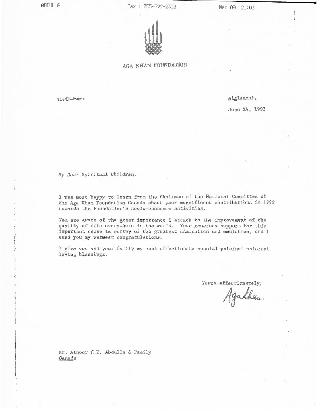 Letter from His Highness the Aga Khan, 24 June 1993, to Dr. Alnoor Abdulla and family, thanking them for their contributions in 1992