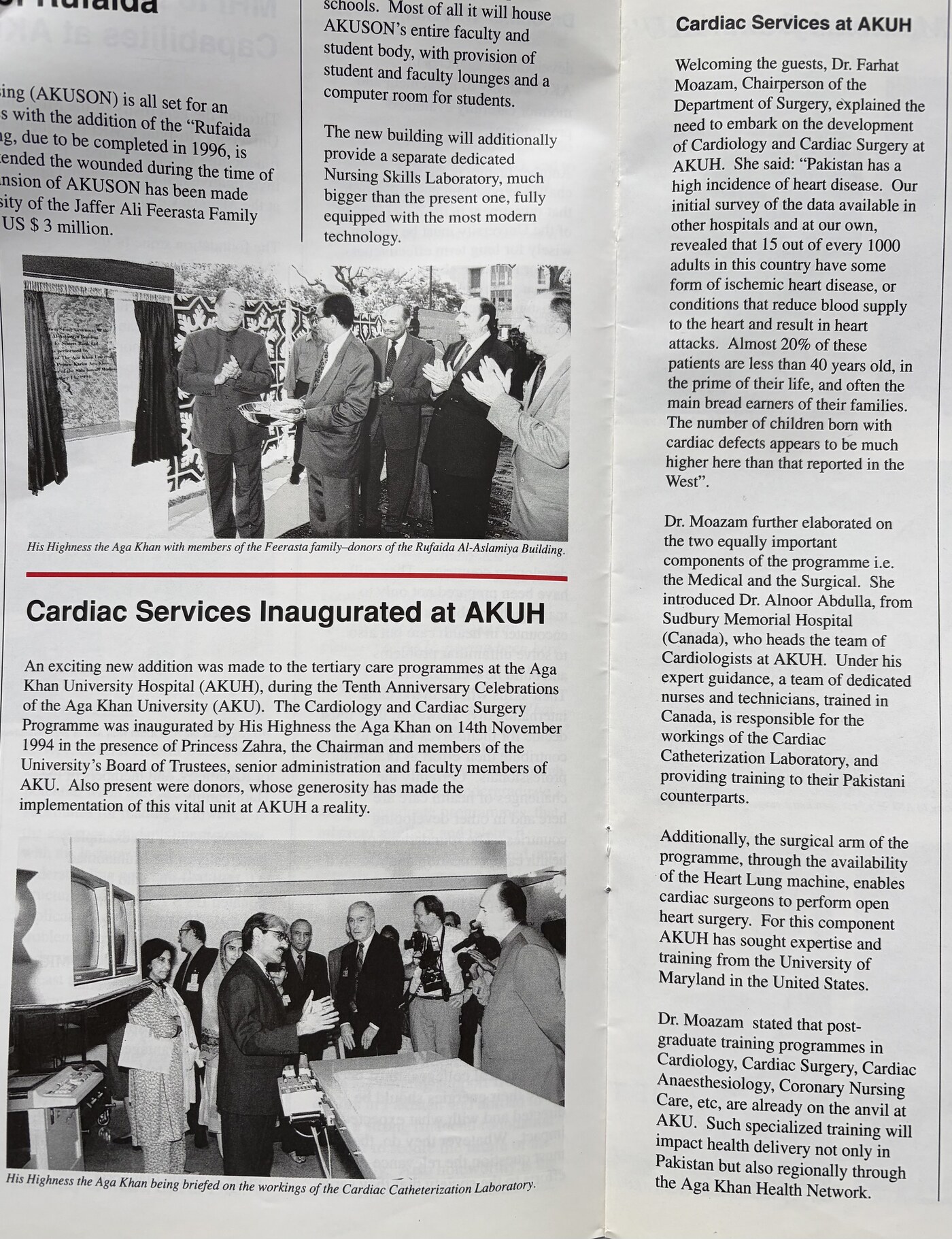 Newsletter page headed Cardiac Services Inaugurated at AKUH