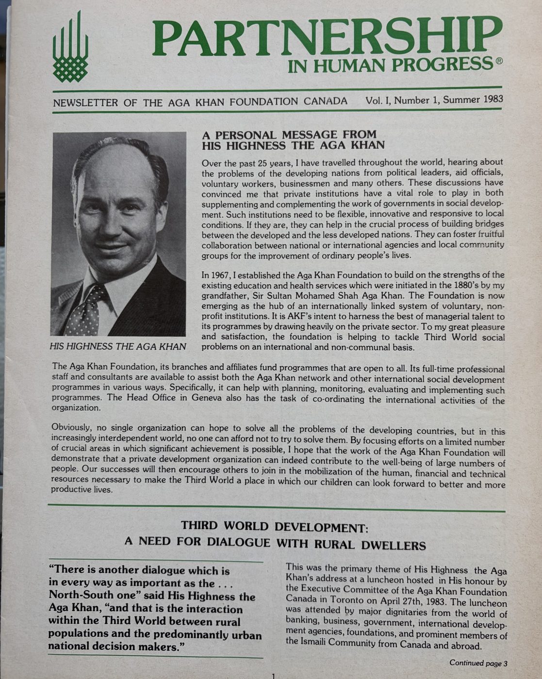 Front page of Partnership in Human Progress, the Aga Khan Foundation Canada newsletter, Vol. 1 No. 1, Summer 1983, with a personal message from His Highness the Aga Khan