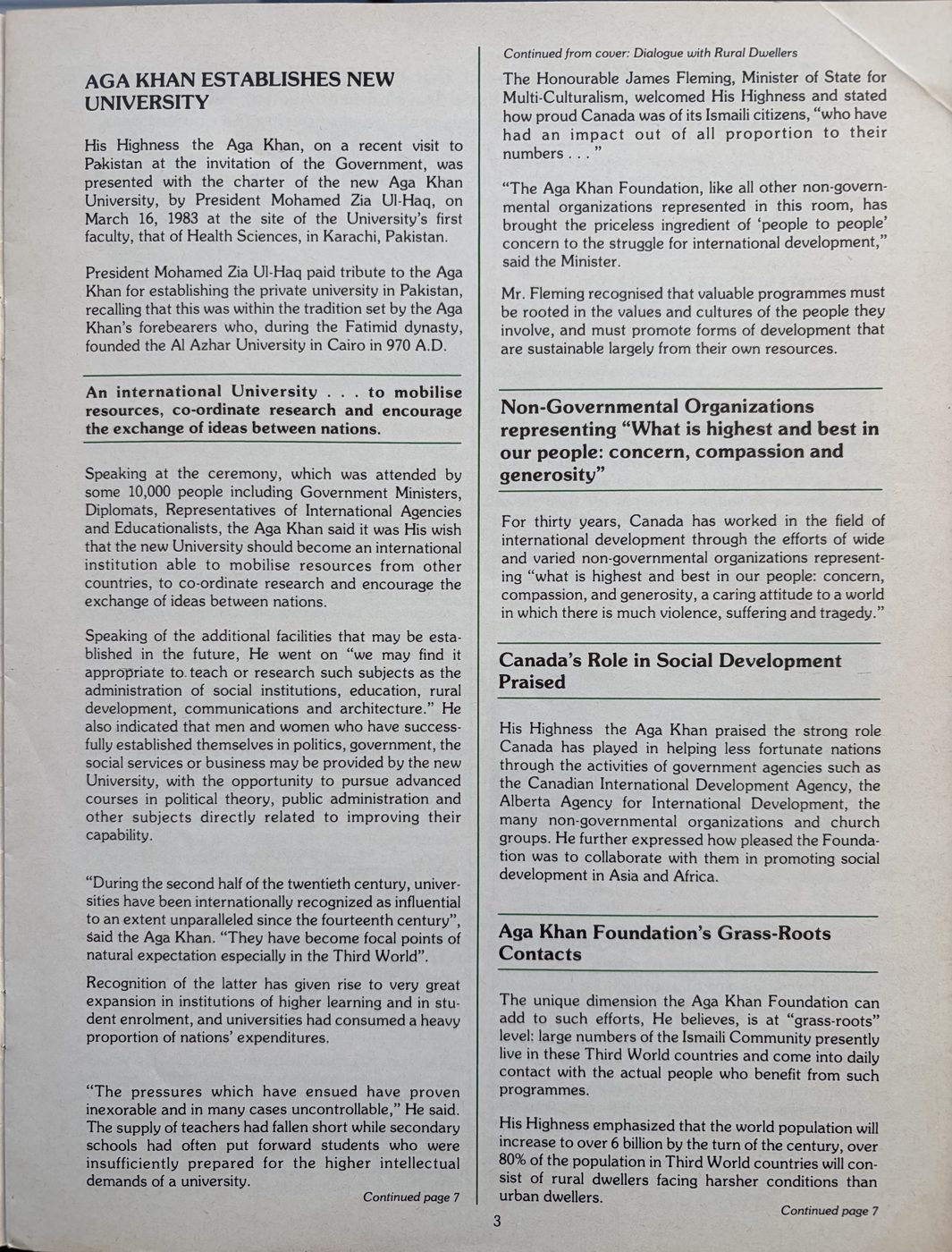Newsletter page headed Aga Khan establishes new university, reporting the university charter granted in March 1983