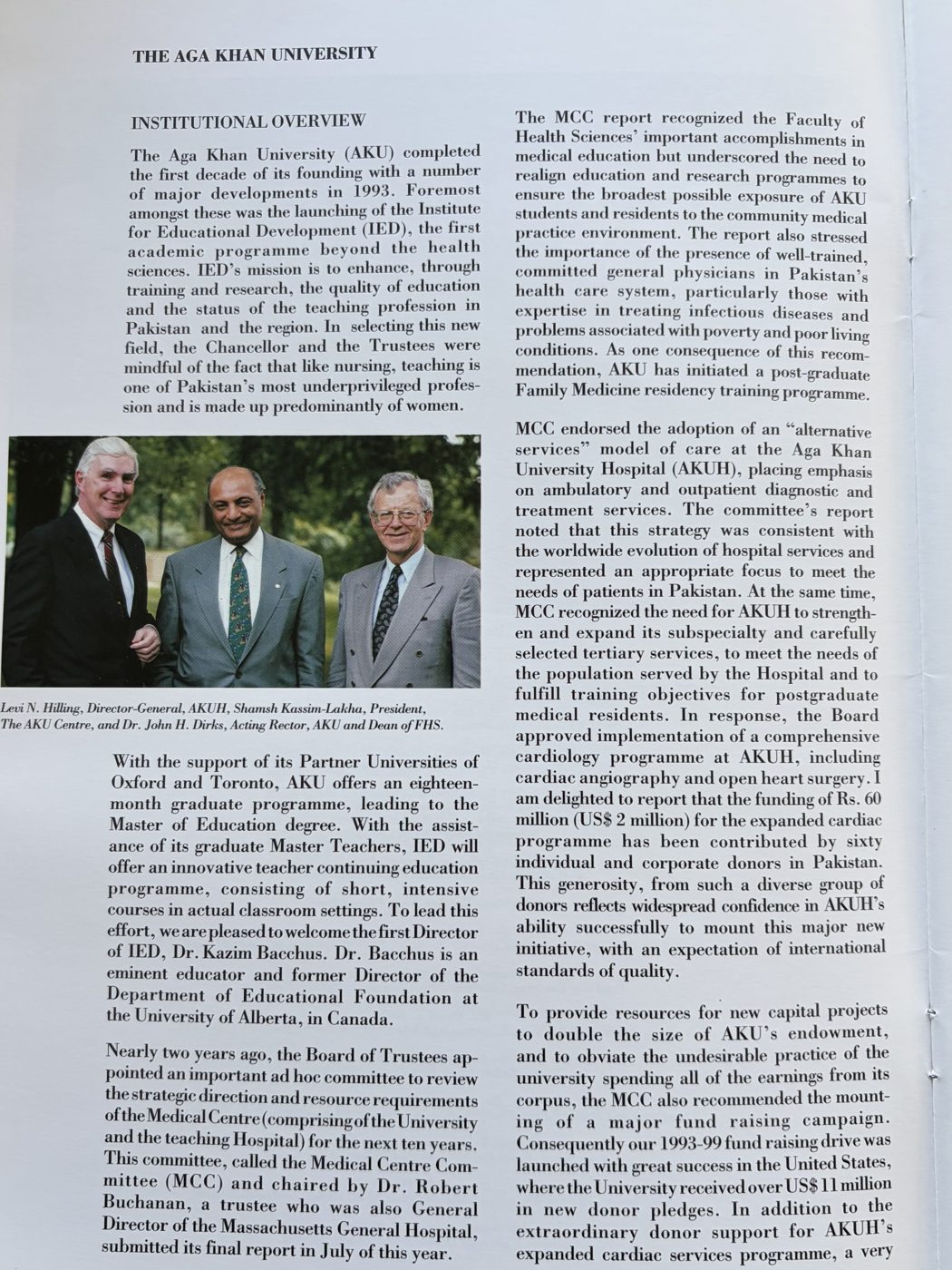 Institutional overview page of the Aga Khan University Annual Report 1993, with a photograph of the University leadership