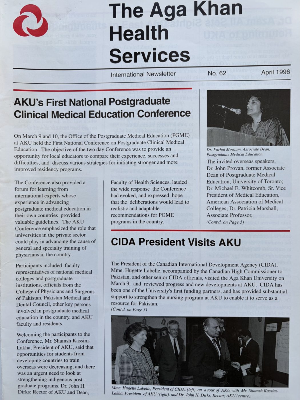 Front page of the Aga Khan Health Services International Newsletter No. 62, April 1996