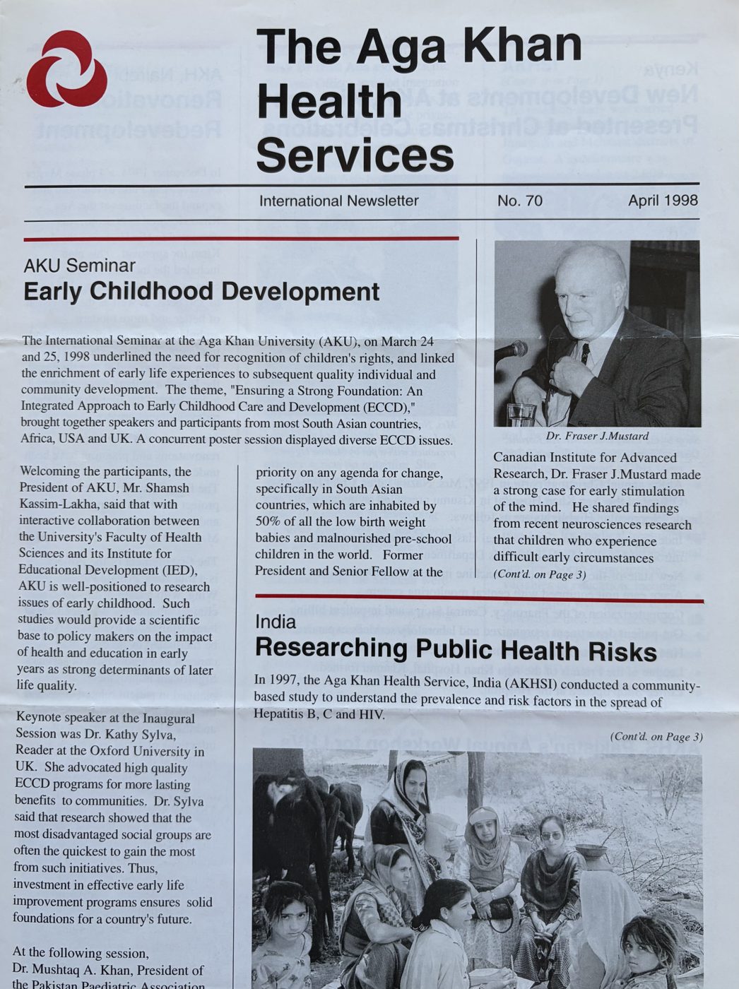 Front page of the Aga Khan Health Services International Newsletter No. 70, April 1998