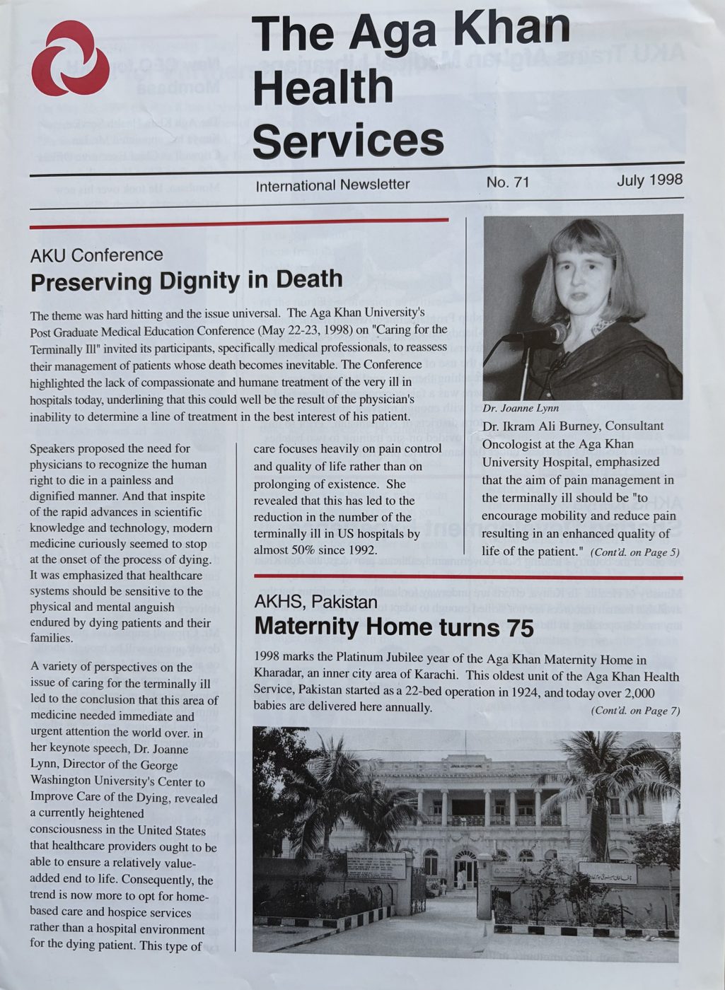 Front page of the Aga Khan Health Services International Newsletter No. 71, July 1998