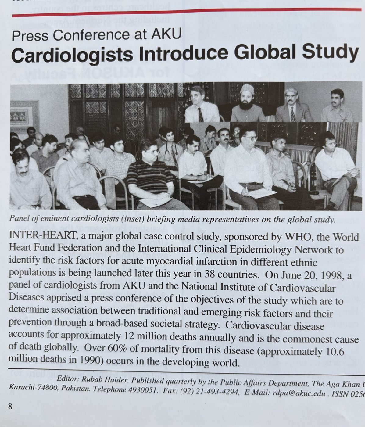 Newsletter article Press Conference at AKU: Cardiologists Introduce Global Study, about the INTER-HEART Study