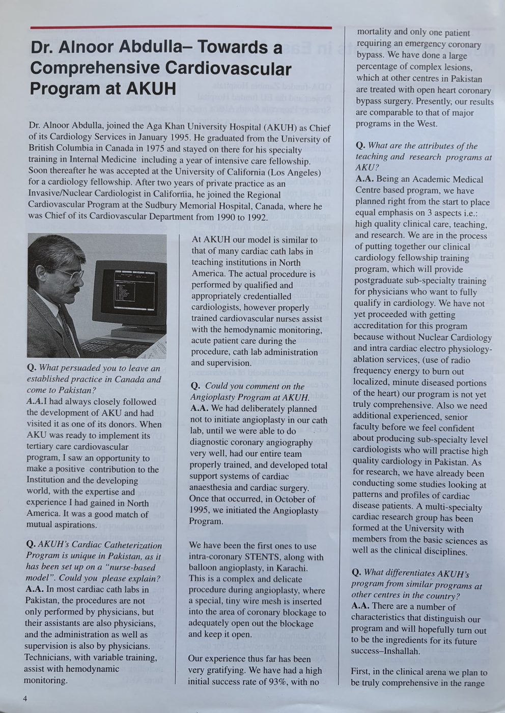 First page of the interview with Dr. Alnoor Abdulla, Towards a Comprehensive Cardiovascular Program at AKUH