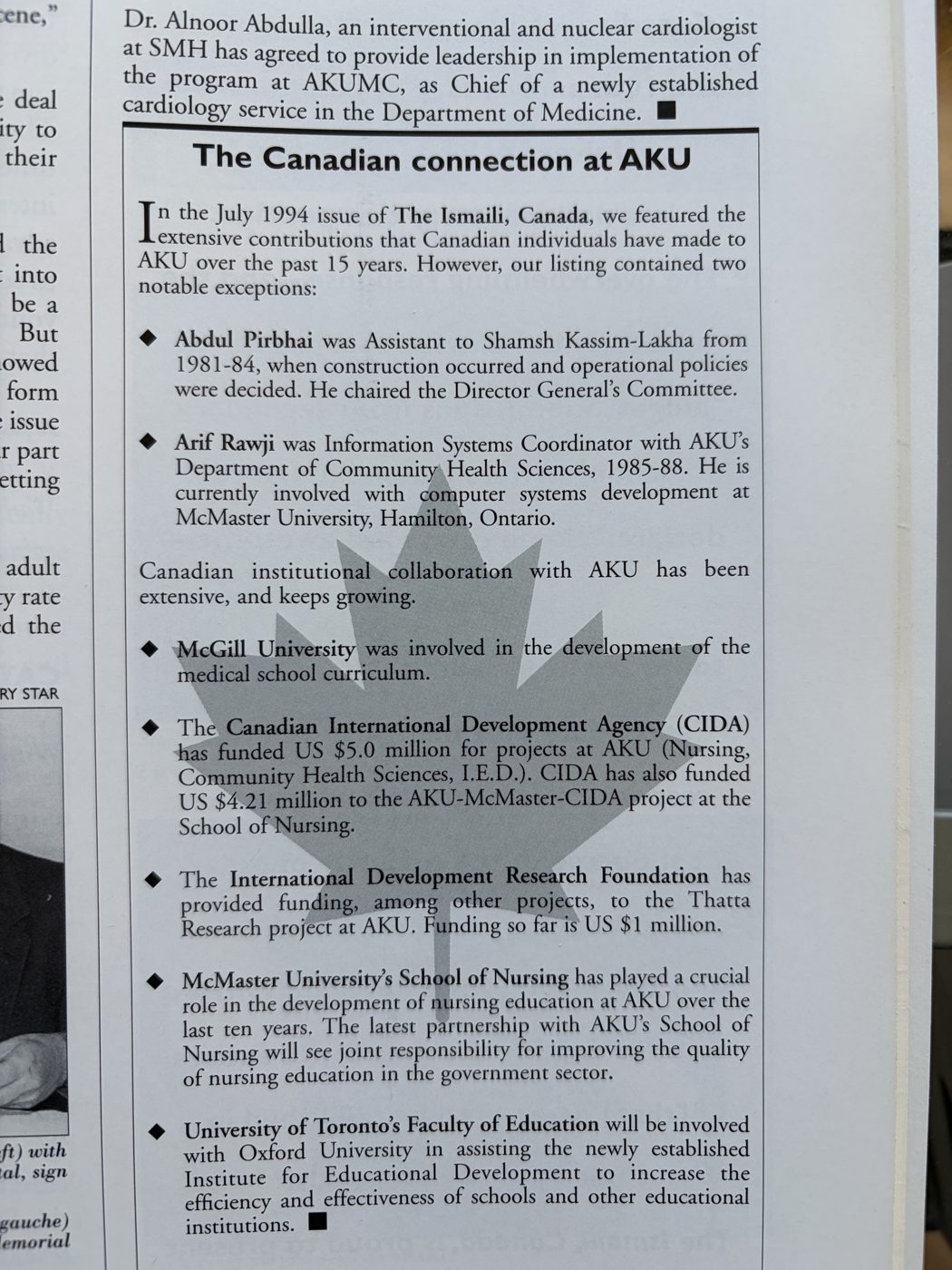The Canadian connection at AKU, a sidebar listing Canadian institutional collaboration with the Aga Khan University