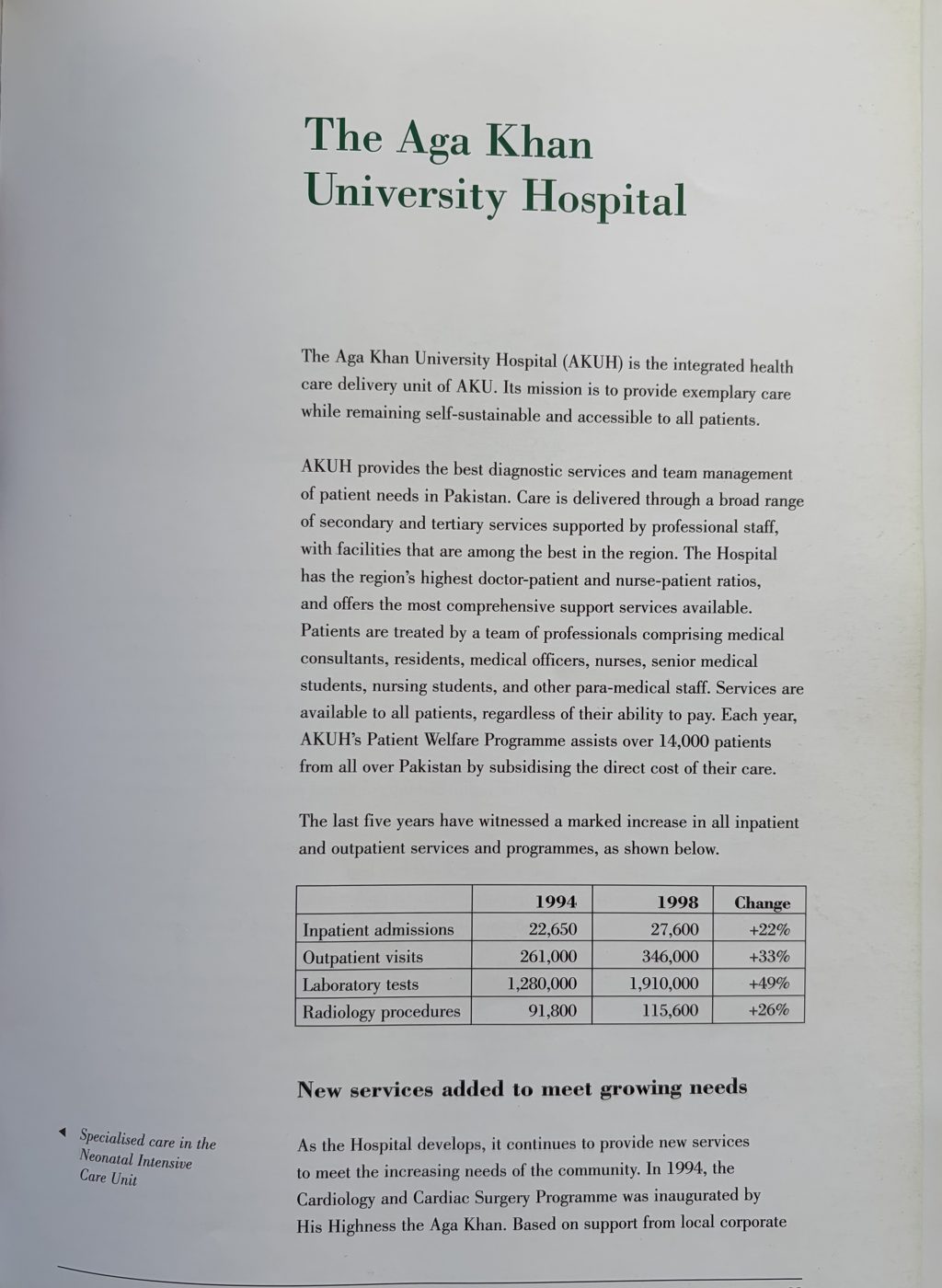 Overview page of the Progress Report 1994 to 1998 with a table of growth in inpatient and outpatient services and a section on new services