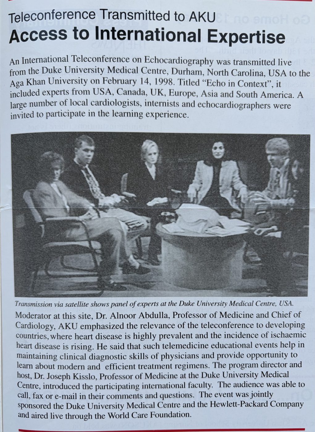 Newsletter article Teleconference Transmitted to AKU: Access to International Expertise, with Dr. Alnoor Abdulla as moderator at AKU