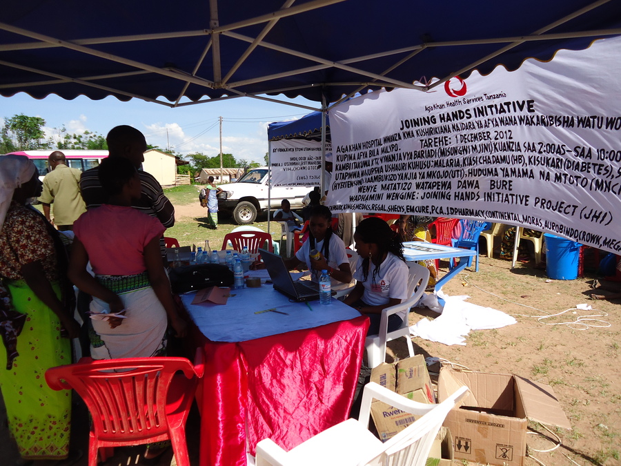 Free health screening booth under the Joining Hands Initiative, Aga Khan Health Services Tanzania, Bariadi, Mwanza, December 2012