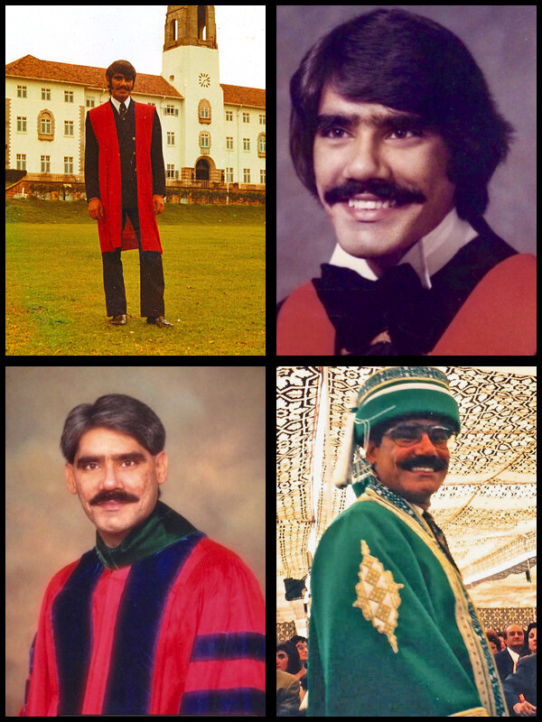 A collage of Dr. Abdulla in academic and ceremonial regalia across his training and fellowships