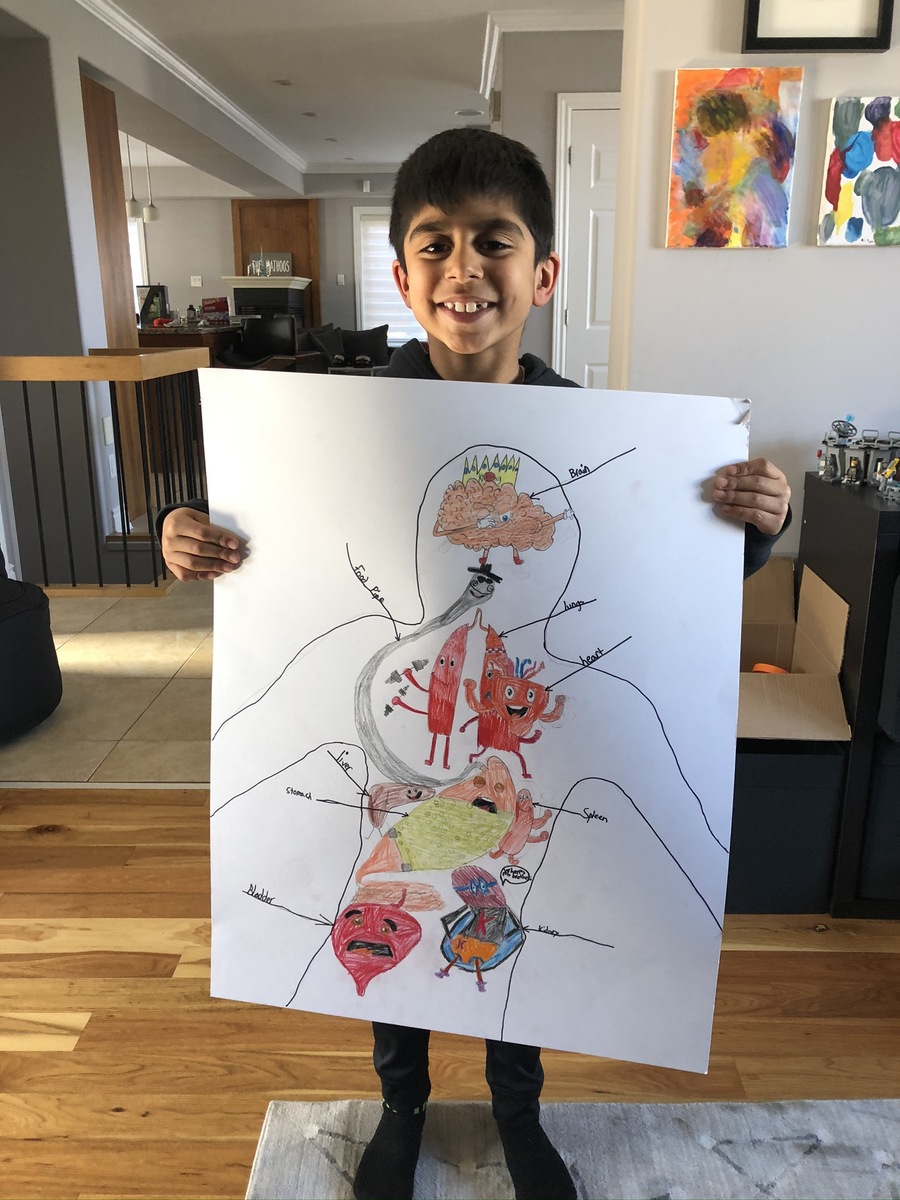 Dr. Abdulla's grandson holding a hand-drawn anatomy poster of the human body, its organs personified as characters