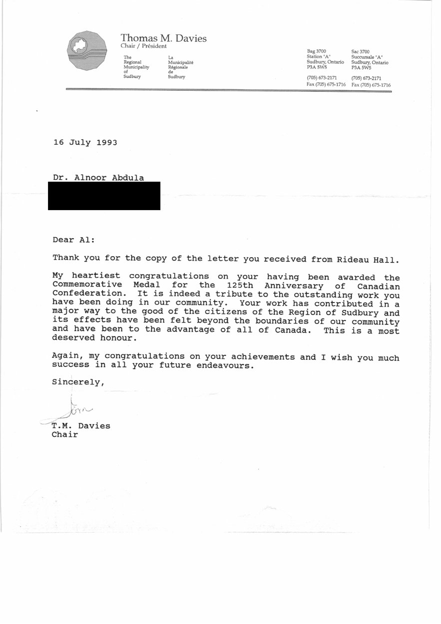 Letter from Thomas M. Davies, Chair of the Regional Municipality of Sudbury, 16 July 1993, congratulating Dr. Abdulla on the Commemorative Medal