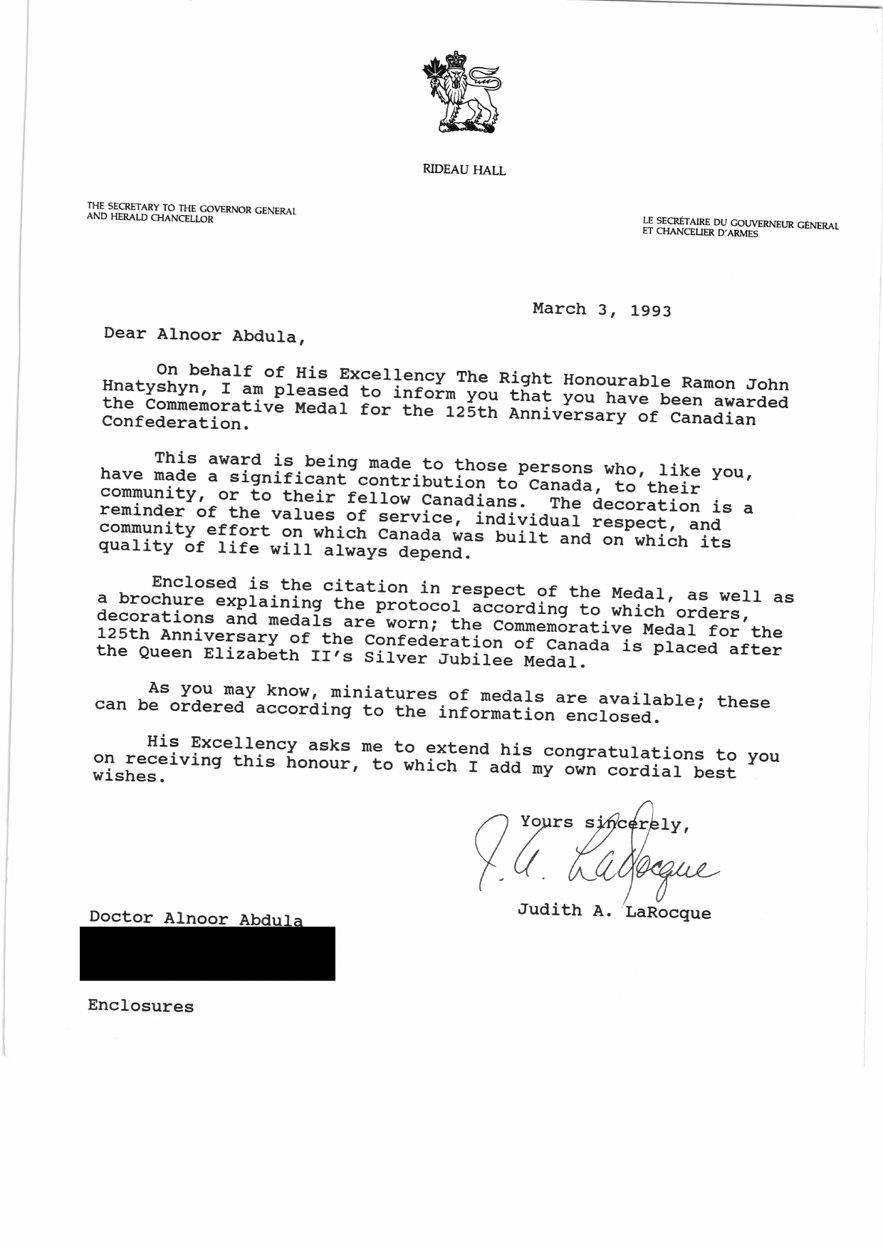Letter from Judith A. LaRocque, Secretary to the Governor General, Rideau Hall, 3 March 1993, informing Dr. Abdulla that he has been awarded the Commemorative Medal for the 125th Anniversary of Canadian Confederation