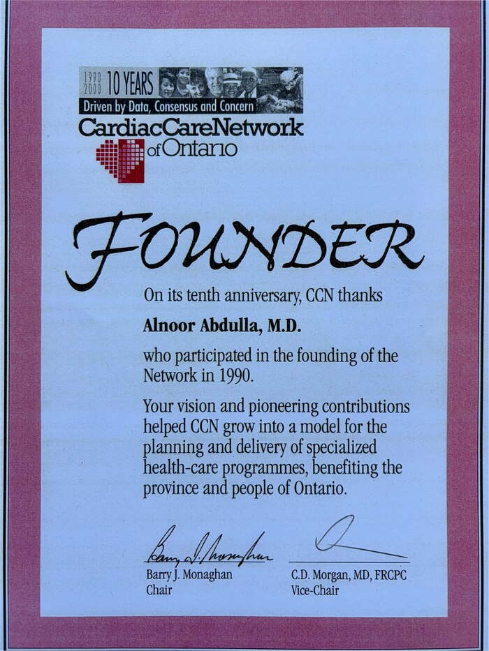 Certificate recognizing Dr. Abdulla as a Founder of the Cardiac Care Network of Ontario, presented on the Network's tenth anniversary in 2000