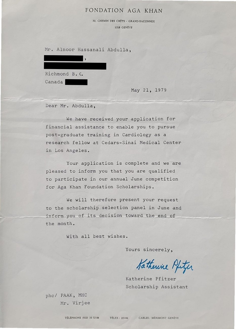 Letter of May 21, 1979 from Katherine Pfitzer of the Aga Khan Foundation, Geneva, confirming Dr. Abdulla's scholarship application is complete