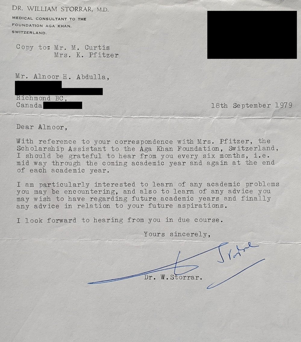 Letter of September 18, 1979 from Dr. William Storrar, Medical Consultant to the Aga Khan Foundation, asking Dr. Abdulla for a progress report every six months
