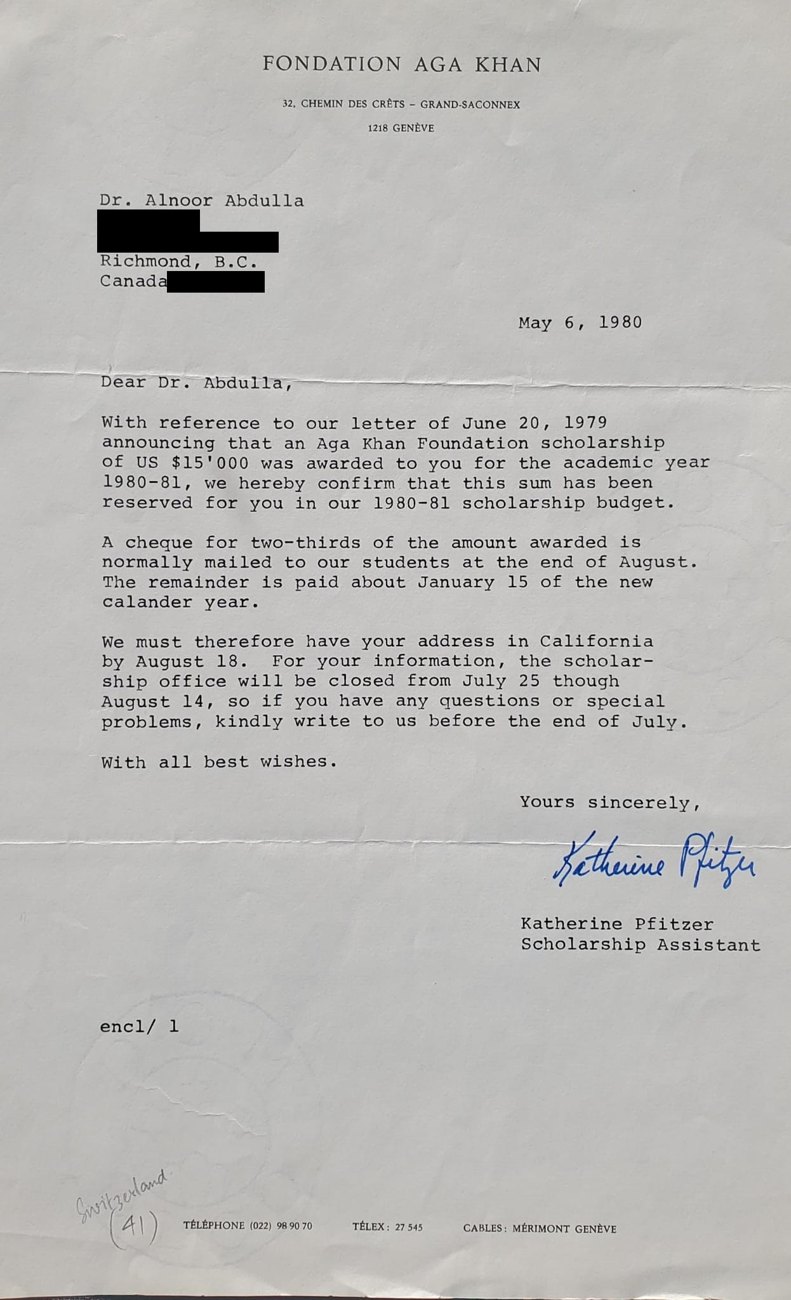 Letter of May 6, 1980 from the Aga Khan Foundation confirming the US$15,000 scholarship awarded to Dr. Abdulla for 1980-81