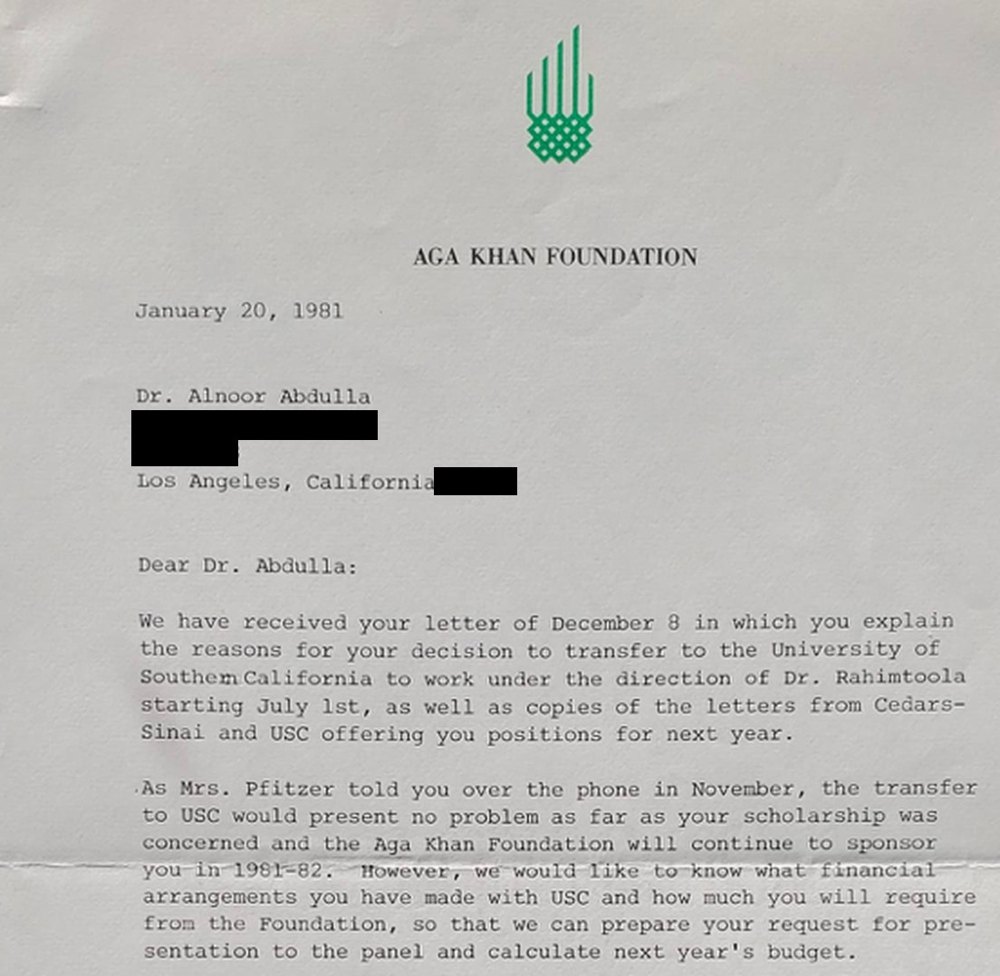 Letter of January 20, 1981 from the Aga Khan Foundation agreeing that Dr. Abdulla's transfer to the University of Southern California poses no problem for the scholarship