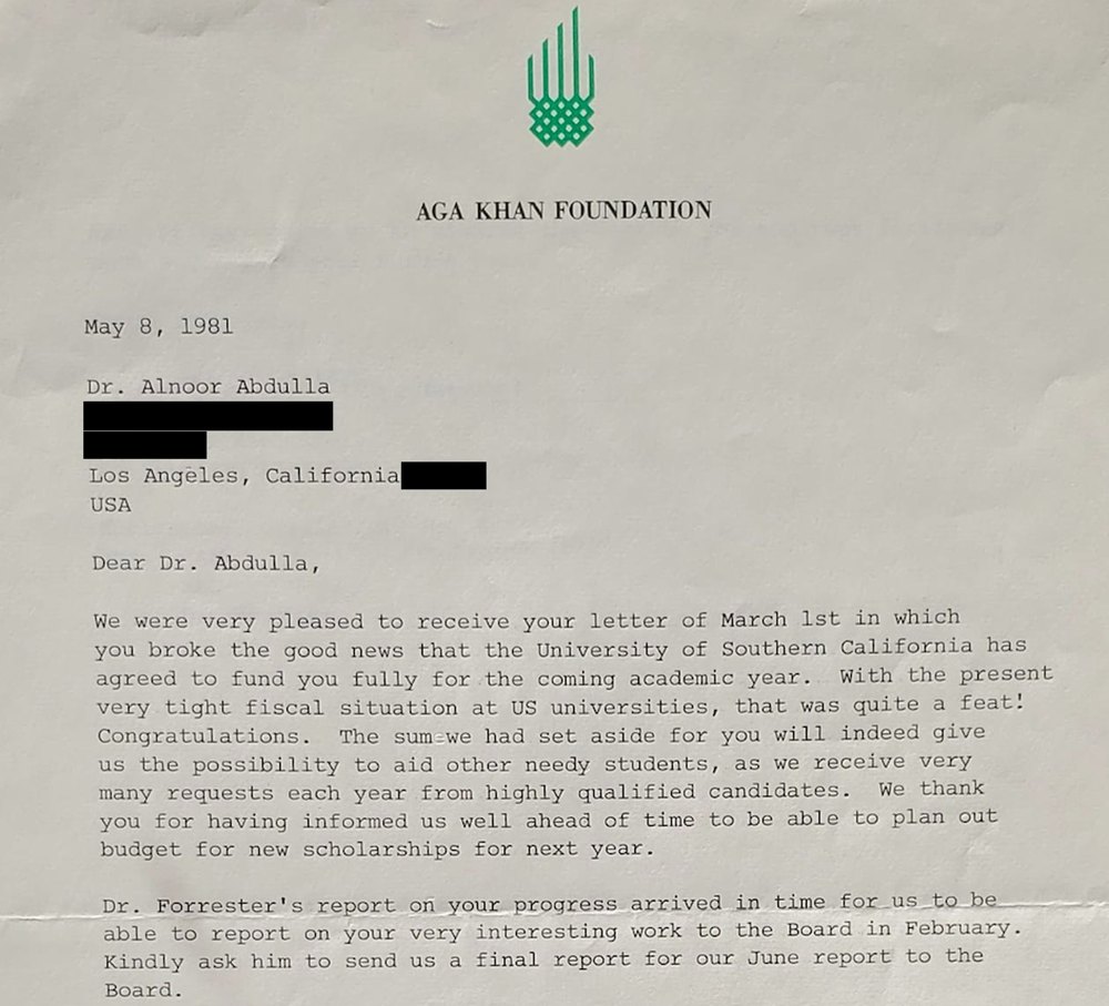 Letter of May 8, 1981 from the Aga Khan Foundation congratulating Dr. Abdulla that USC will fund him fully, freeing the Foundation's funds for other students