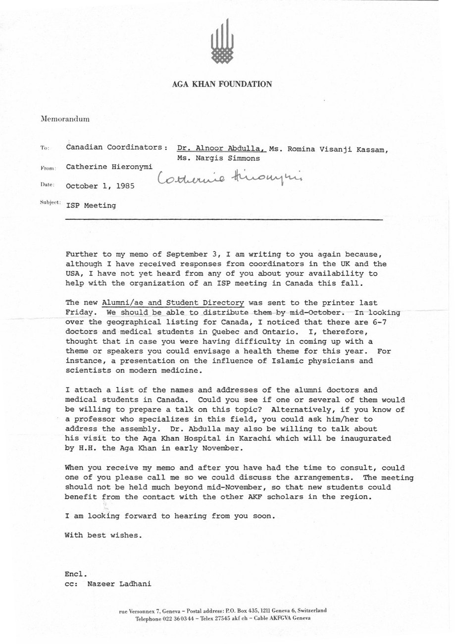 Memorandum of October 1, 1985 from Catherine Hieronymi of the Aga Khan Foundation to the Canadian ISP coordinators, including Dr. Abdulla, about organizing an ISP meeting in Canada