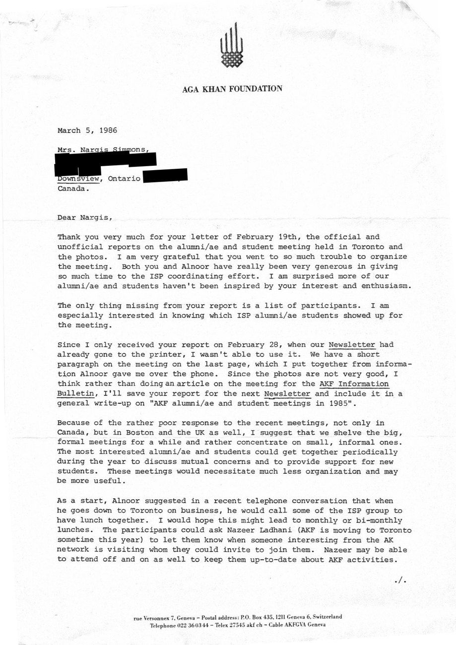 Letter of March 5, 1986 from the Aga Khan Foundation thanking the organizers for the report on the Toronto ISP alumni and student meeting, two pages