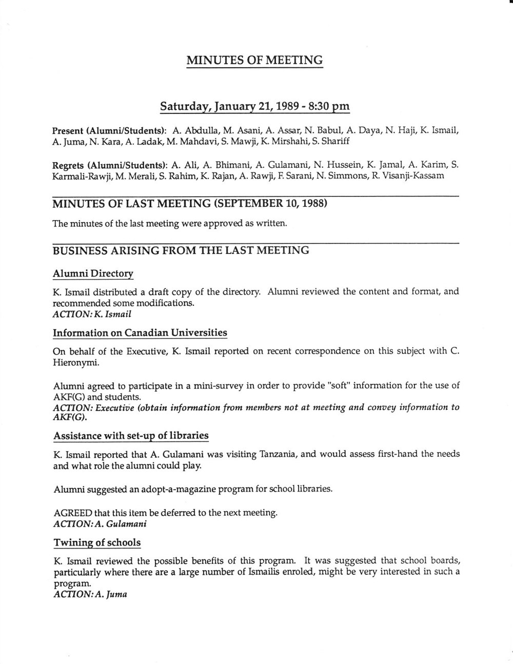 Minutes of the Ontario ISP alumni meeting of January 21, 1989, recording Dr. Abdulla's proposal that the alumni sponsor a scholarship