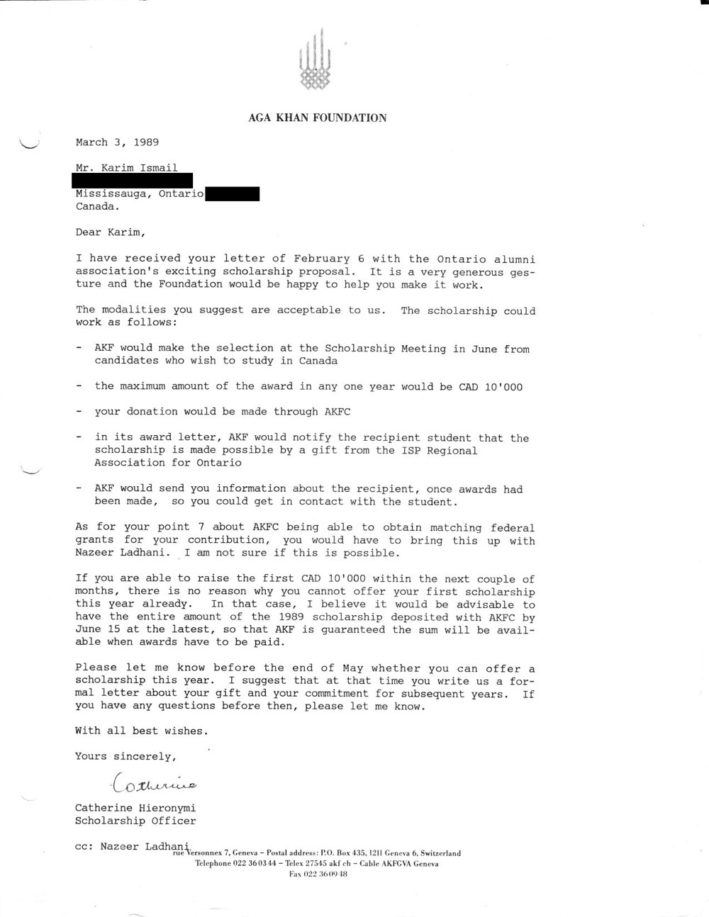 Letter of March 3, 1989 from Catherine Hieronymi of the Aga Khan Foundation, Geneva, accepting the Ontario alumni scholarship proposal
