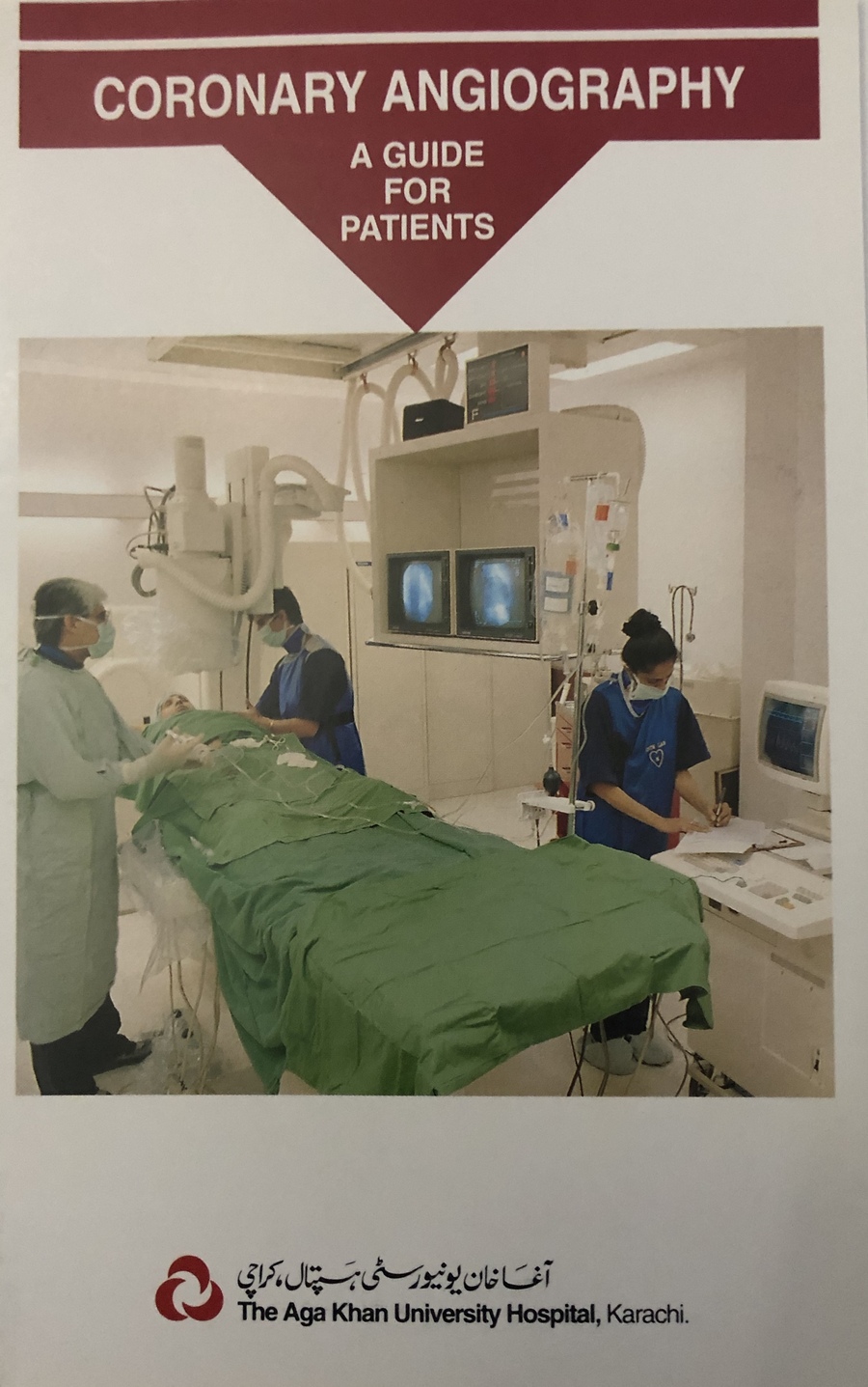 Cover of 'Coronary Angiography: A Guide for Patients,' a patient-education booklet by Dr. Abdulla at the Aga Khan University Hospital, Karachi