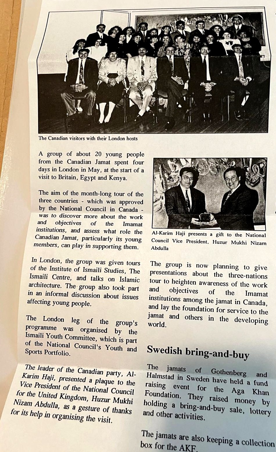Contemporary UK Ismaili community newsletter clipping reporting on the Canadian youth group's London visit, 1992