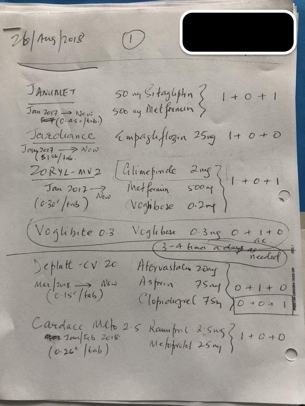 Handwritten cardiac and diabetes medication list dated 26 August 2018, with patient identifier redacted