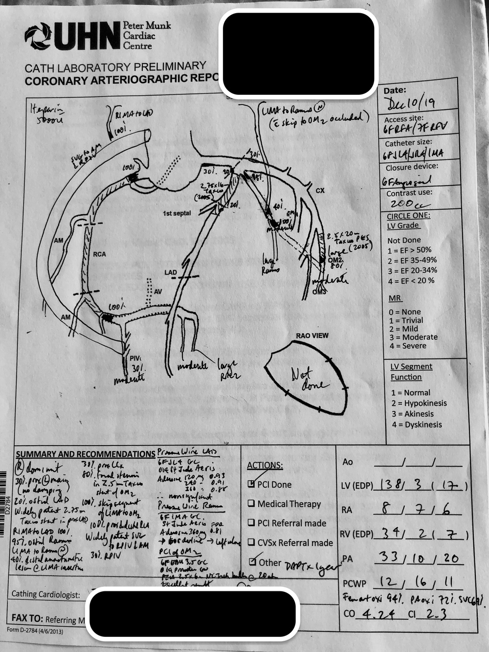 UHN Peter Munk Cardiac Centre coronary arteriographic report, dated December 10, 2019, with hand-annotated angiogram diagram, patient identifiers redacted
