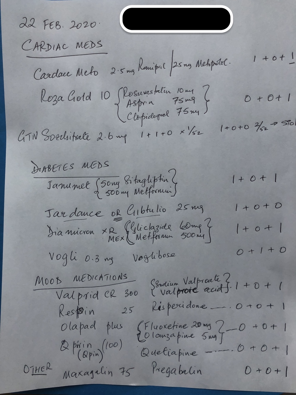 Handwritten cardiac, diabetes, and mood medication list dated 22 February 2020, with patient identifier redacted