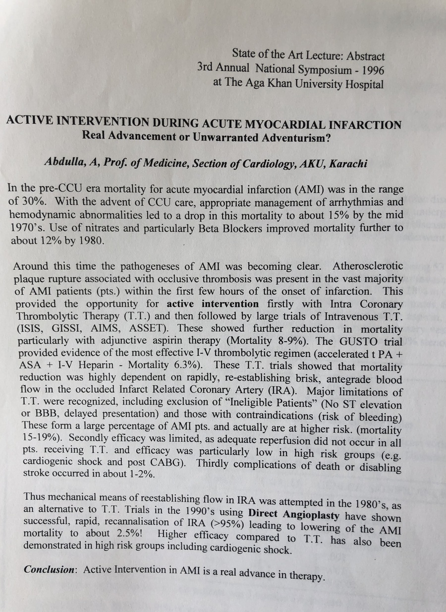 Abstract of Dr. Abdulla's 1996 State of the Art Lecture, 'Active Intervention During Acute Myocardial Infarction,' Third Annual National Symposium, Aga Khan University