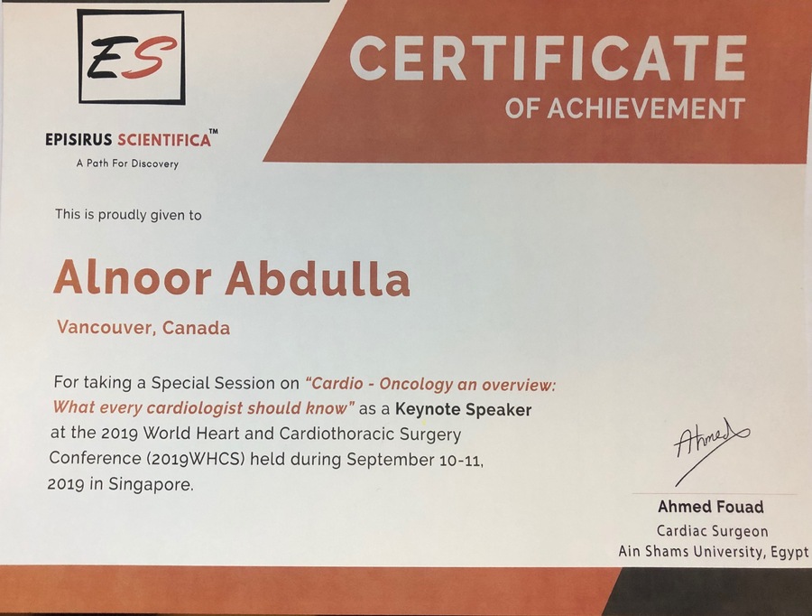 Dr. Abdulla's Certificate of Achievement as Keynote Speaker, 2019 World Heart and Cardiothoracic Surgery Conference, Singapore