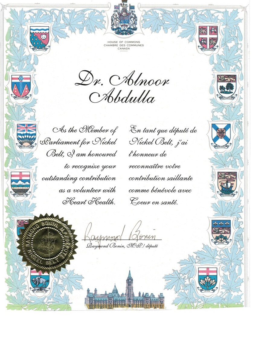 Commendation from Raymond Bonin, Member of Parliament for Nickel Belt, recognizing Dr. Abdulla's volunteer contribution to the Heart Health program