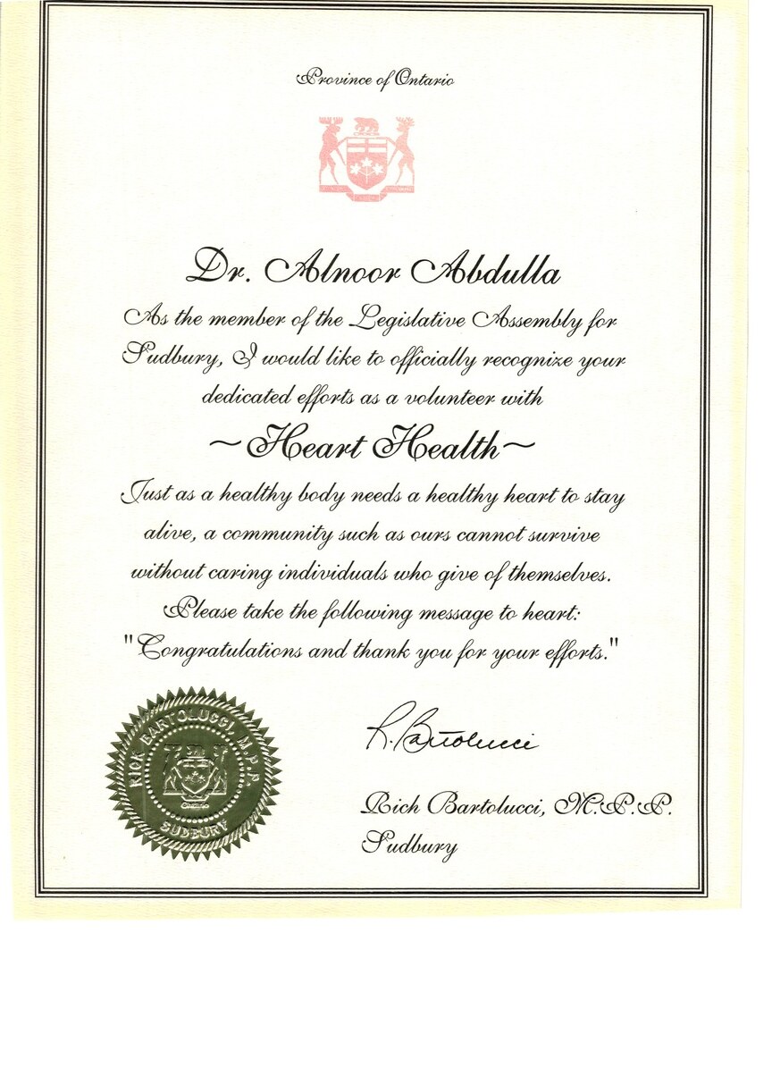 Commendation from Rick Bartolucci, MPP for Sudbury, recognizing Dr. Abdulla's volunteer work with the Heart Health program