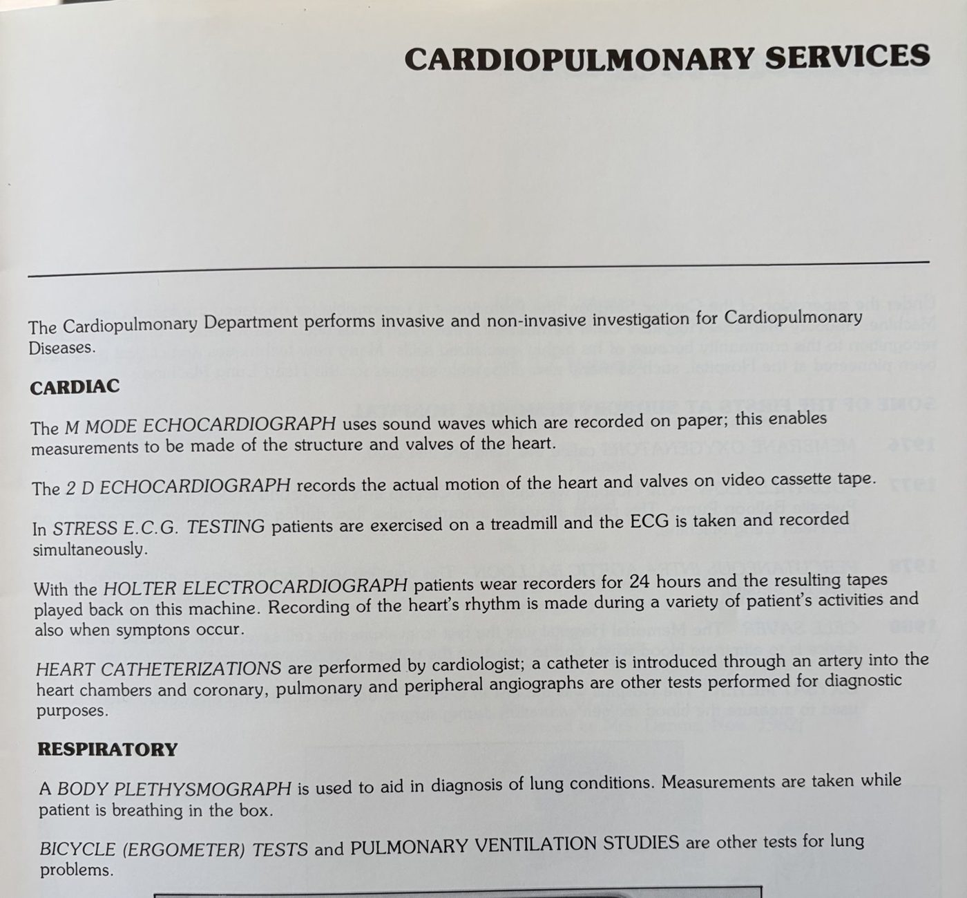 The Cardiopulmonary Services page from the 1982/83 report, listing echocardiography, stress ECG, Holter, catheterization and respiratory tests