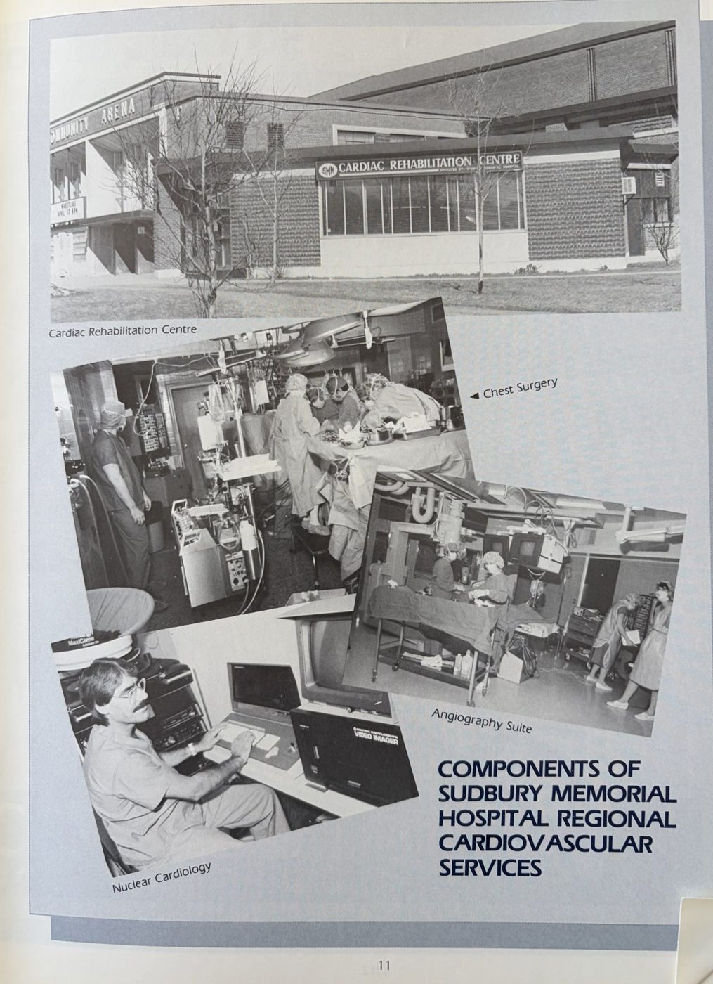 Page from the 1985/86 report showing the Cardiac Rehabilitation Centre, chest surgery, an angiography suite and Dr. Abdulla at the nuclear cardiology console