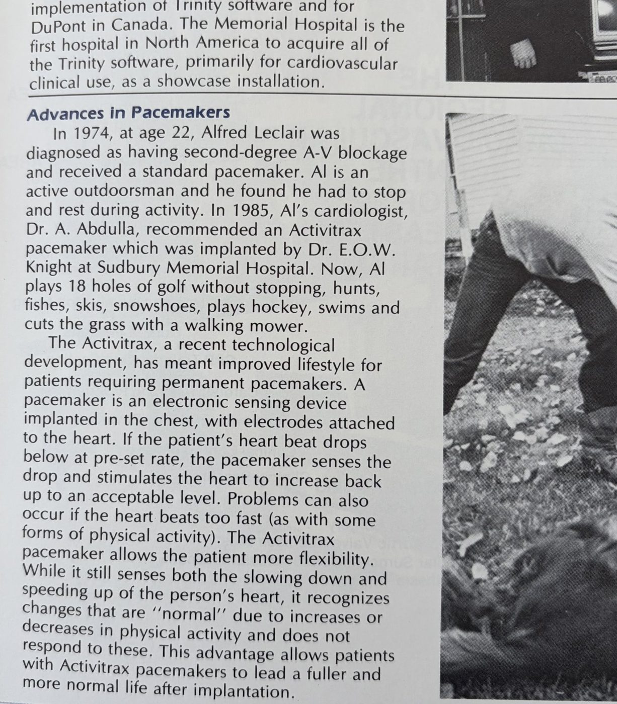The Advances in Pacemakers story from the 1985/86 report, naming Dr. A. Abdulla as the cardiologist who recommended the Activitrax pacemaker