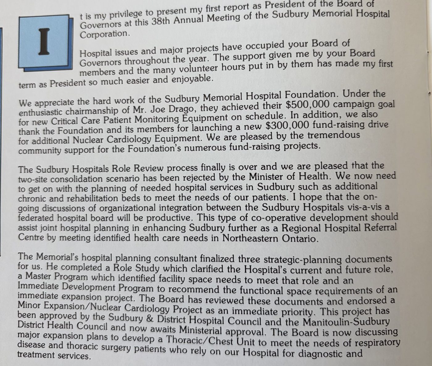 Report of the President of the Board of Governors, Sudbury Memorial Hospital 1988