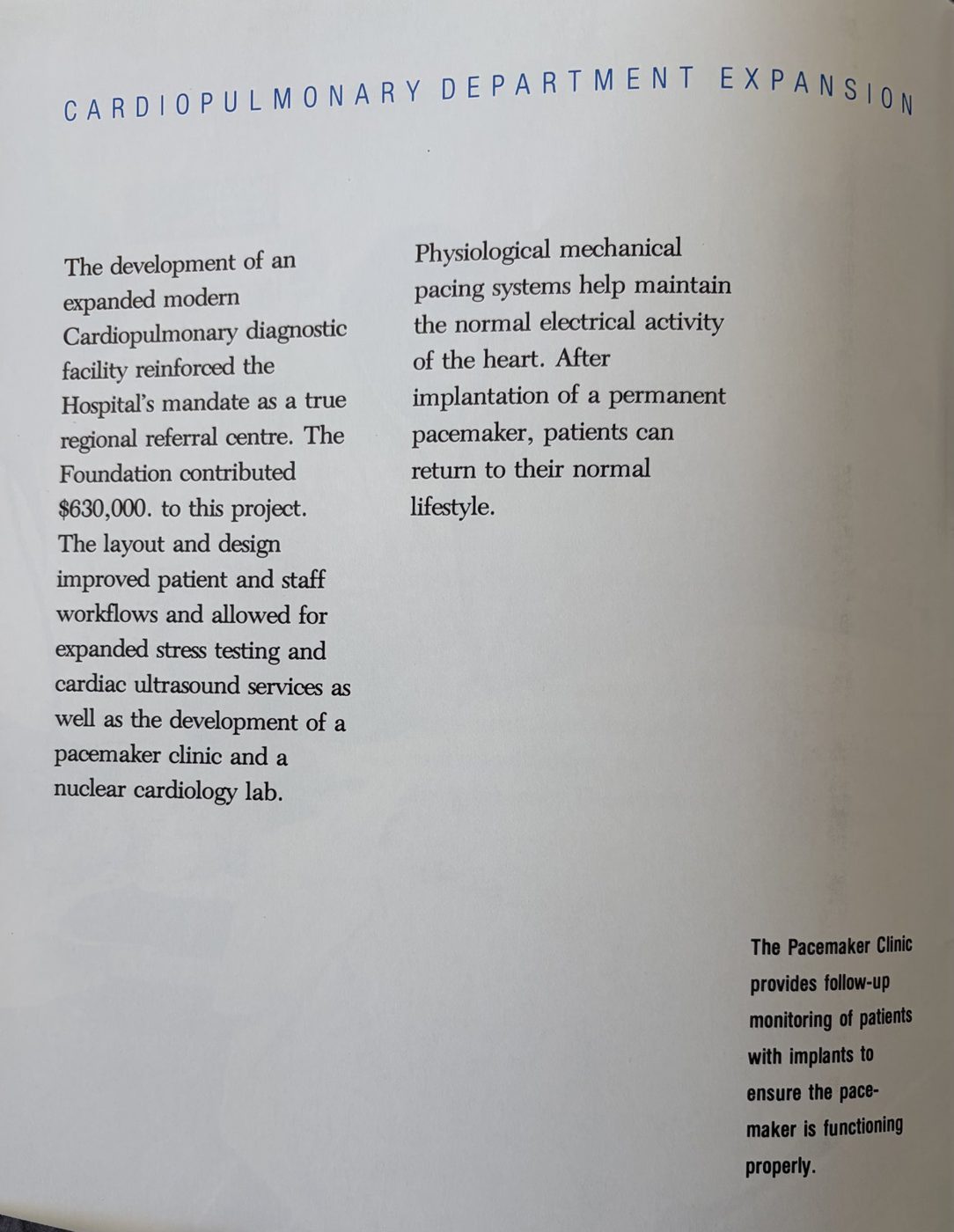 Cardiopulmonary Department Expansion page from the 1989 Foundation report with a note on the Pacemaker Clinic