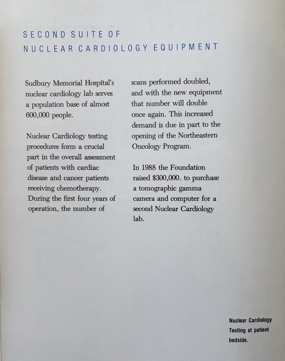 Second Suite of Nuclear Cardiology Equipment page from the 1989 Foundation report