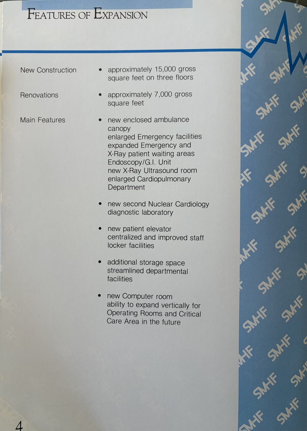 Features of Expansion page listing the new construction, renovations and main features of the hospital expansion