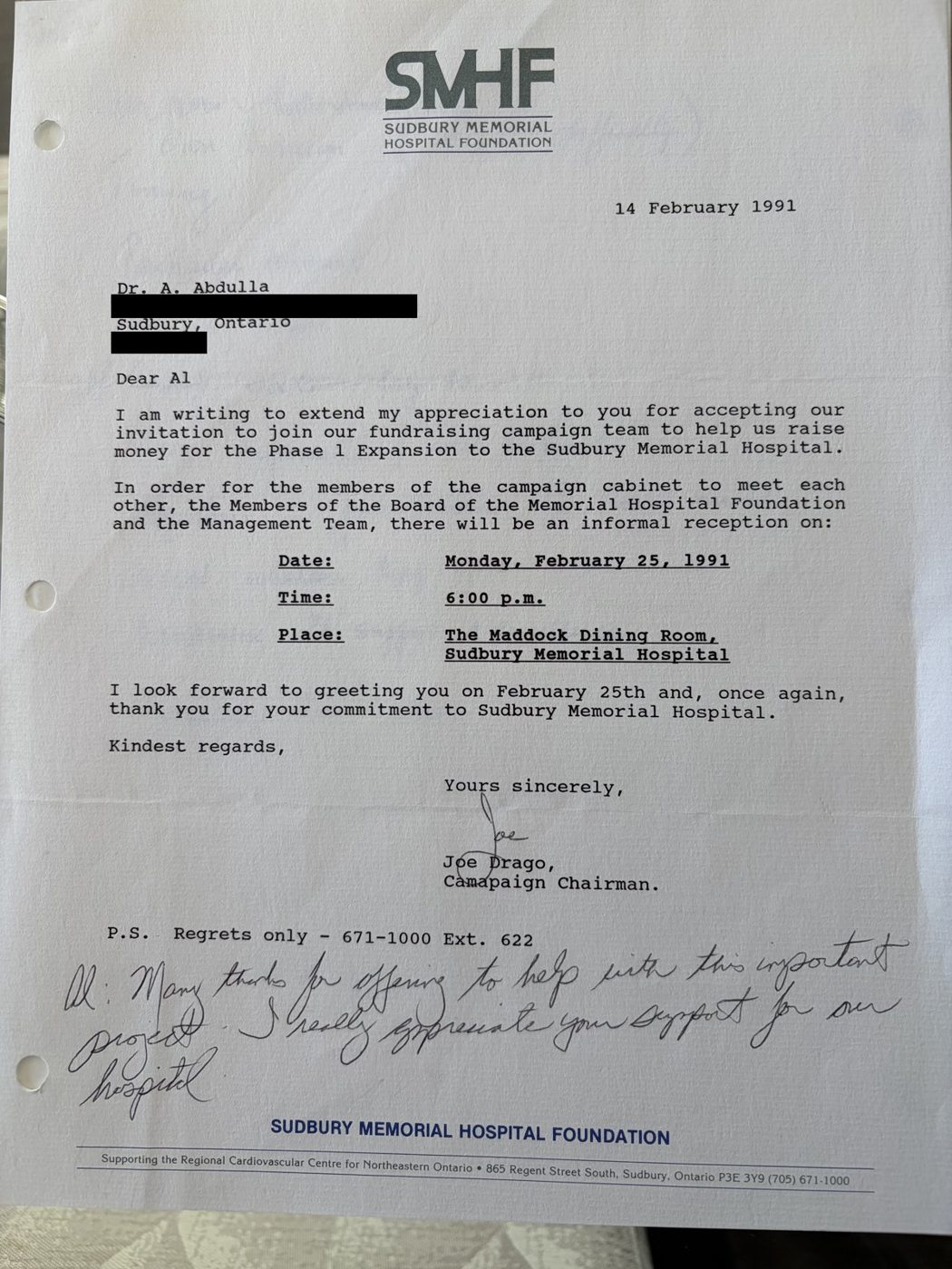 Letter and handwritten note from Joe Drago, Campaign Chairman of the Sudbury Memorial Hospital Foundation, thanking Dr. Abdulla for joining the fundraising campaign team, February 1991