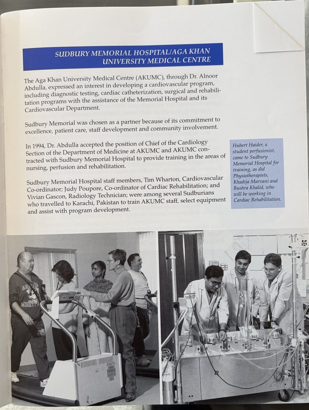 Page on the partnership between Sudbury Memorial Hospital and the Aga Khan University Medical Centre, with photographs of cardiac rehabilitation and perfusion training